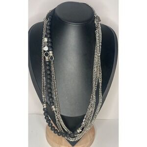 Sea Smadar 72" Multi Strand Necklace Lava Rock Pearl Silver Tone Chain Vintage
